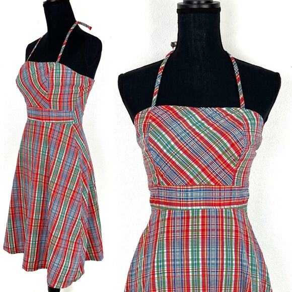 Vintage Handmade Halter Dress Plaid Seersucker 70s Boho Western Red Blue - Picture 1 of 6